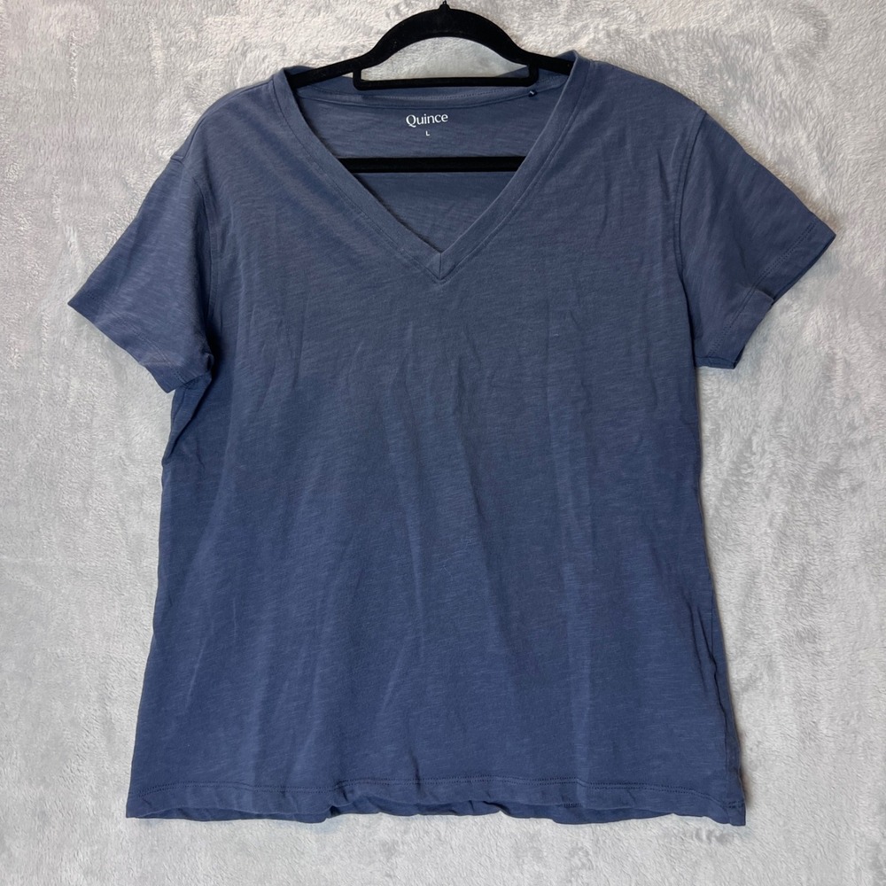 Quince Womens T-Shirt Blue 100% Organic Cotton V-Neck Short Sleeve  Size L